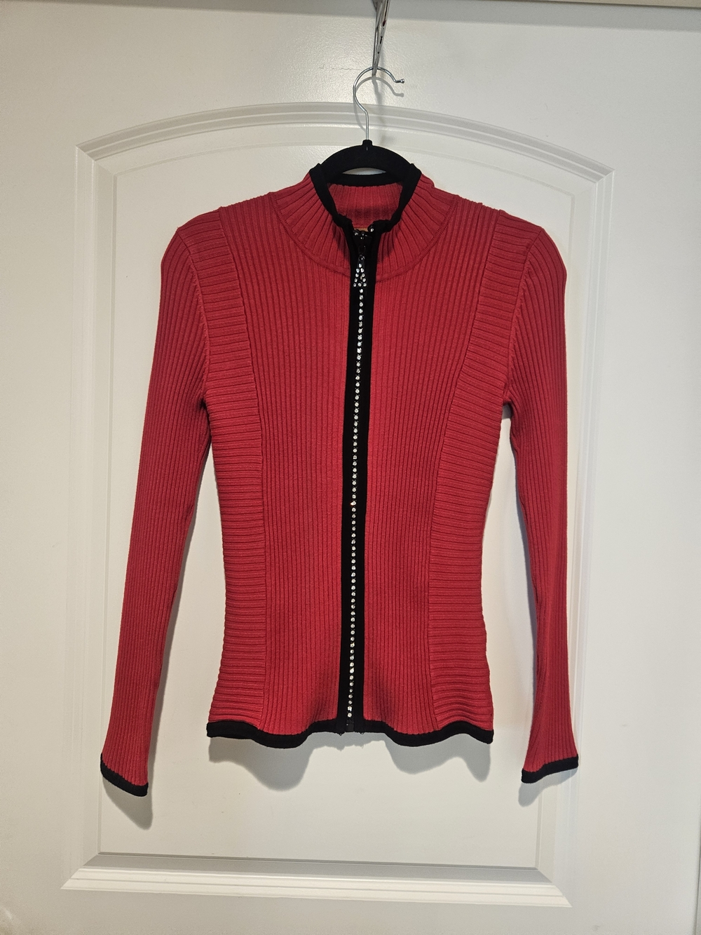 Belldini Red Ribbed Zip-Front Sweater with Black Trim